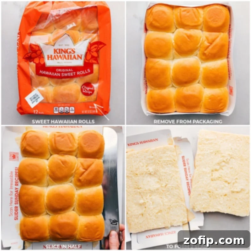 A visual guide showing how to properly cut Hawaiian rolls in half for sliders.