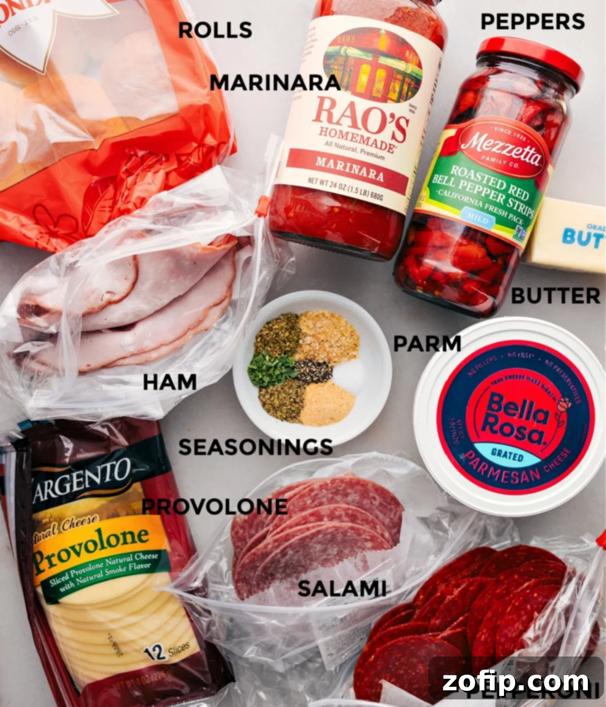 Fresh ingredients for Italian Sliders, neatly prepped and ready for assembly.