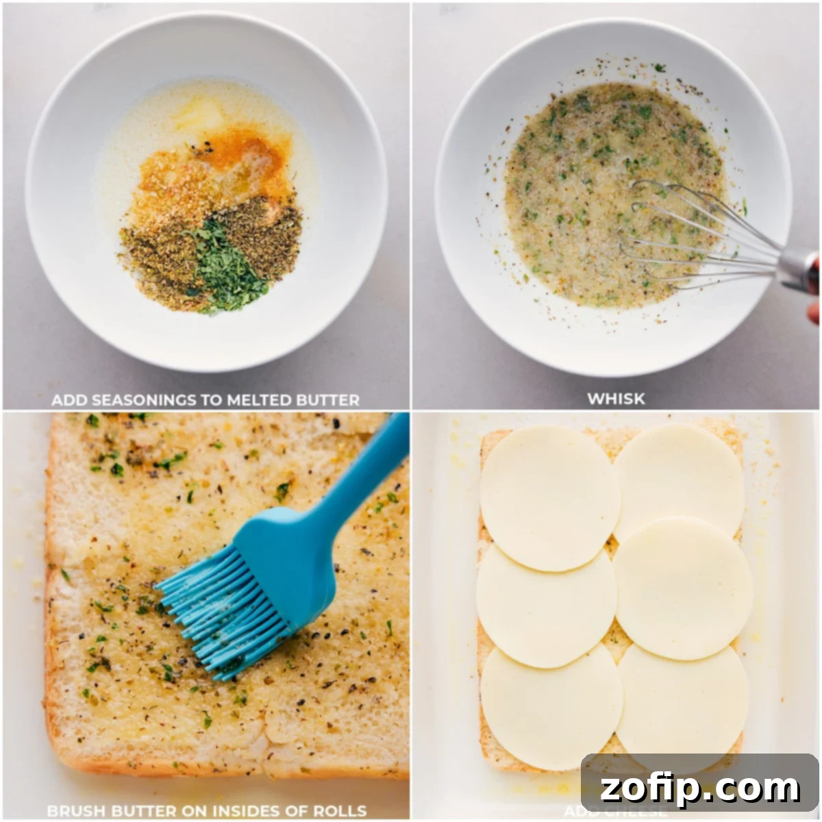 The butter mixture being brushed onto Hawaiian rolls, followed by a layer of Provolone cheese for these Italian Sliders.