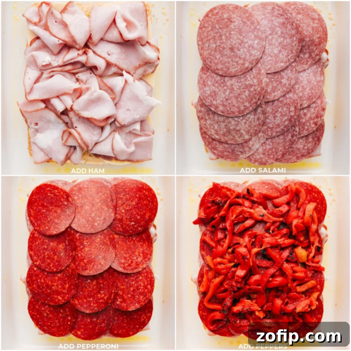Layers of ham, salami, pepperoni, and roasted red peppers being added to the bottom half of Hawaiian rolls.