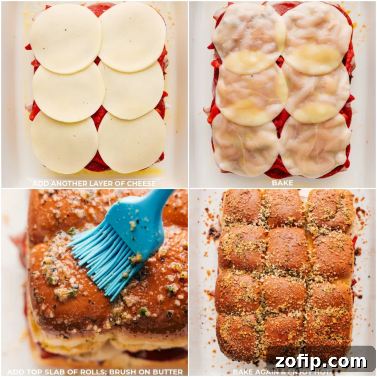 The final layer of Provolone cheese being placed on the Italian Sliders before the top rolls are added and the entire tray is baked.