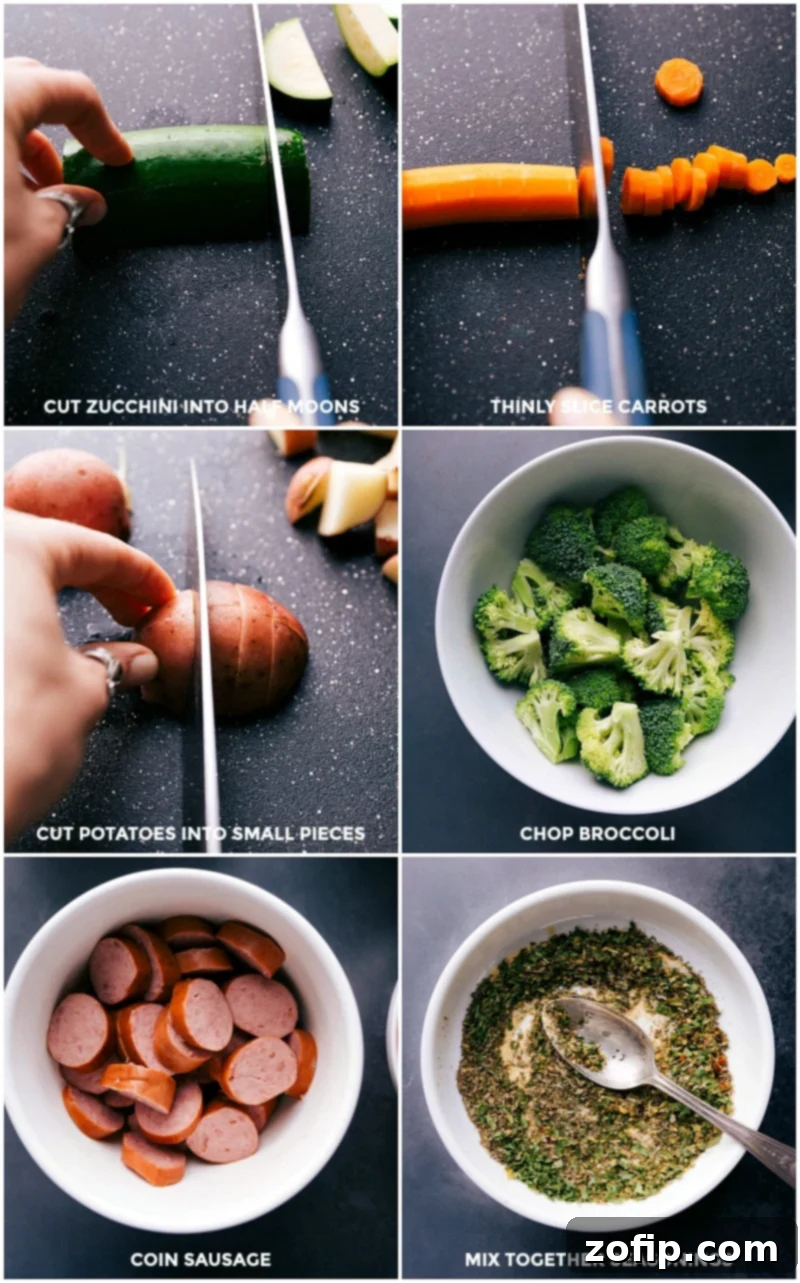 Preparation for One-Pan Italian Sausage and Veggies Vegetables including zucchini, potatoes, carrots, broccoli, and sliced sausage, alongside a bowl of mixed seasonings, all set for preparing the one-pan Italian sausage and veggies dish.