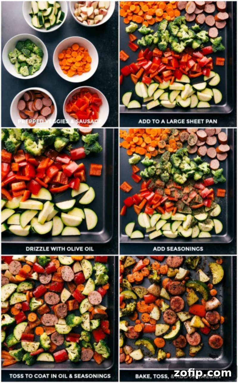 Prepped Veggies on Sheet Pan with Seasonings and Parmesan All the prepped veggies on a sheet pan, drizzled with olive oil and seasoned, mixed until well coated, and then baked to perfection, with a generous sprinkling of parmesan cheese added for extra flavor.