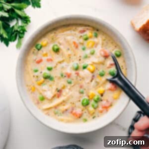 Delicious Creamy Chicken Noodle Soup in a bowl, ready to eat.