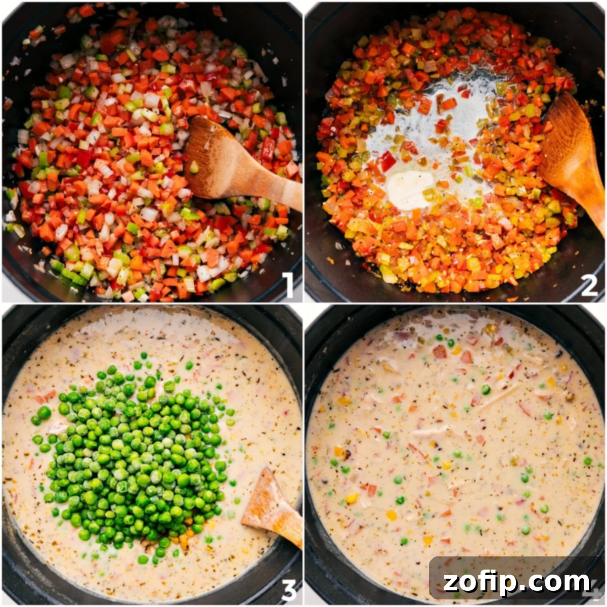 Stages of making creamy chicken noodle soup: sautéed mirepoix, adding flour for roux, whisking in broth and milk to create a rich creamy base, adding spaghetti, then finally stirring in peas and cooked chicken.