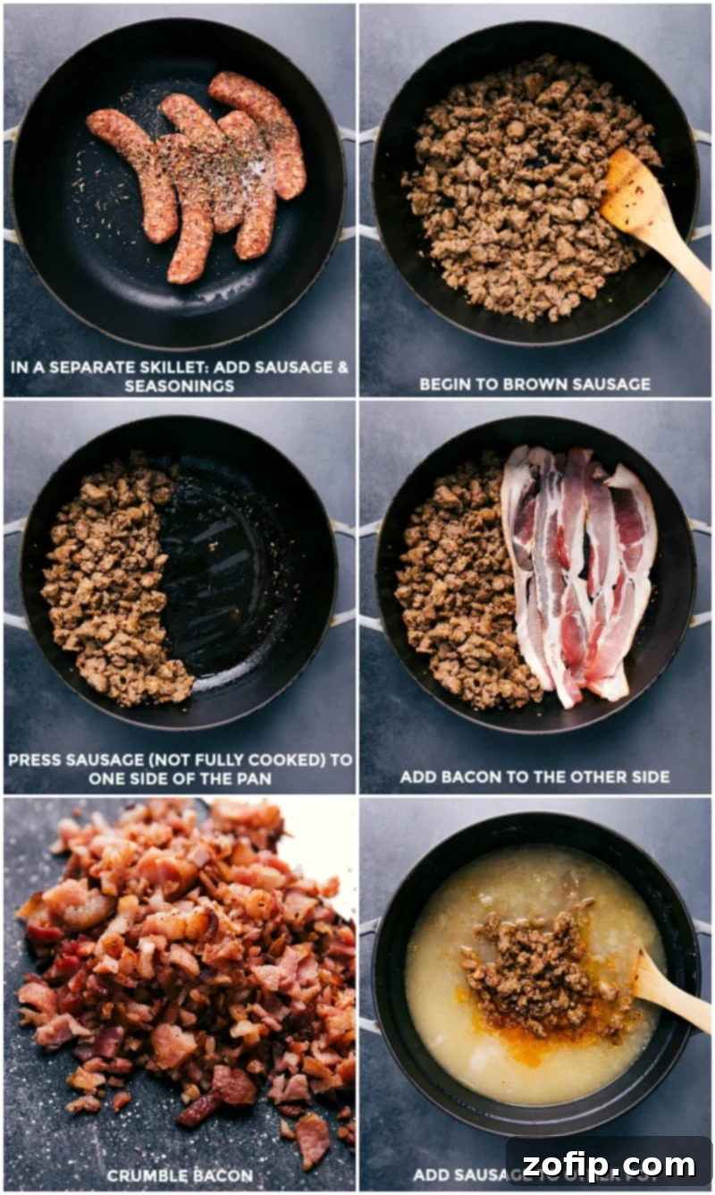 A step-by-step image sequence showing Italian sausage browning in a skillet, followed by crispy bacon being added, illustrating the preparation of the meat components for the Zuppa Toscana soup.