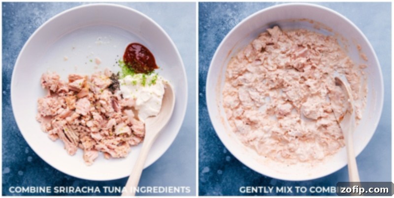 Process shots: The first image shows thoroughly drained canned tuna being mixed in a large bowl with Sriracha sauce ingredients, including mayonnaise, lime juice, and sugar. The second image shows the mixture being gently stirred to combine, creating a creamy and slightly spicy tuna salad base.