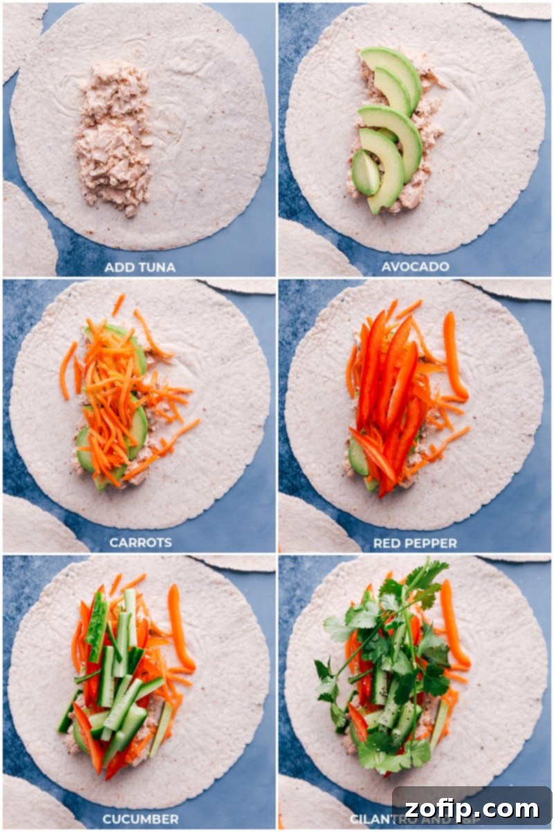 Process shots: A large flour tortilla is laid out, ready for filling. The first step shows a generous portion of creamy Sriracha tuna spread evenly on the tortilla. The second step illustrates the addition of thinly sliced avocado, matchstick carrots, red bell pepper, and cucumber. Finally, fresh cilantro sprigs are added, along with a sprinkle of salt and pepper, before the wrap is rolled.