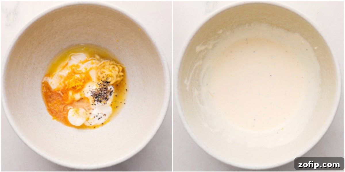 The Best Dressing For Lemon Basil Chicken Salad Dressing whisked together in a bowl for this lemon-basil chicken salad.