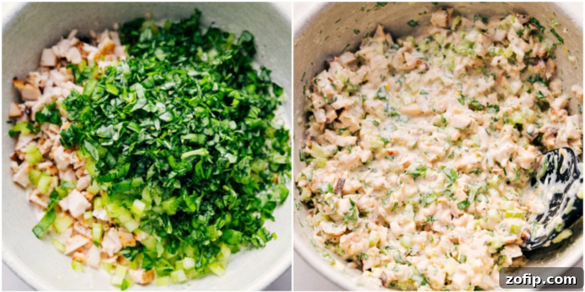 Simple And High Protein Lemon Basil Chicken Salad Add all the other ingredients to the bowl with the dressing and mix everything together.