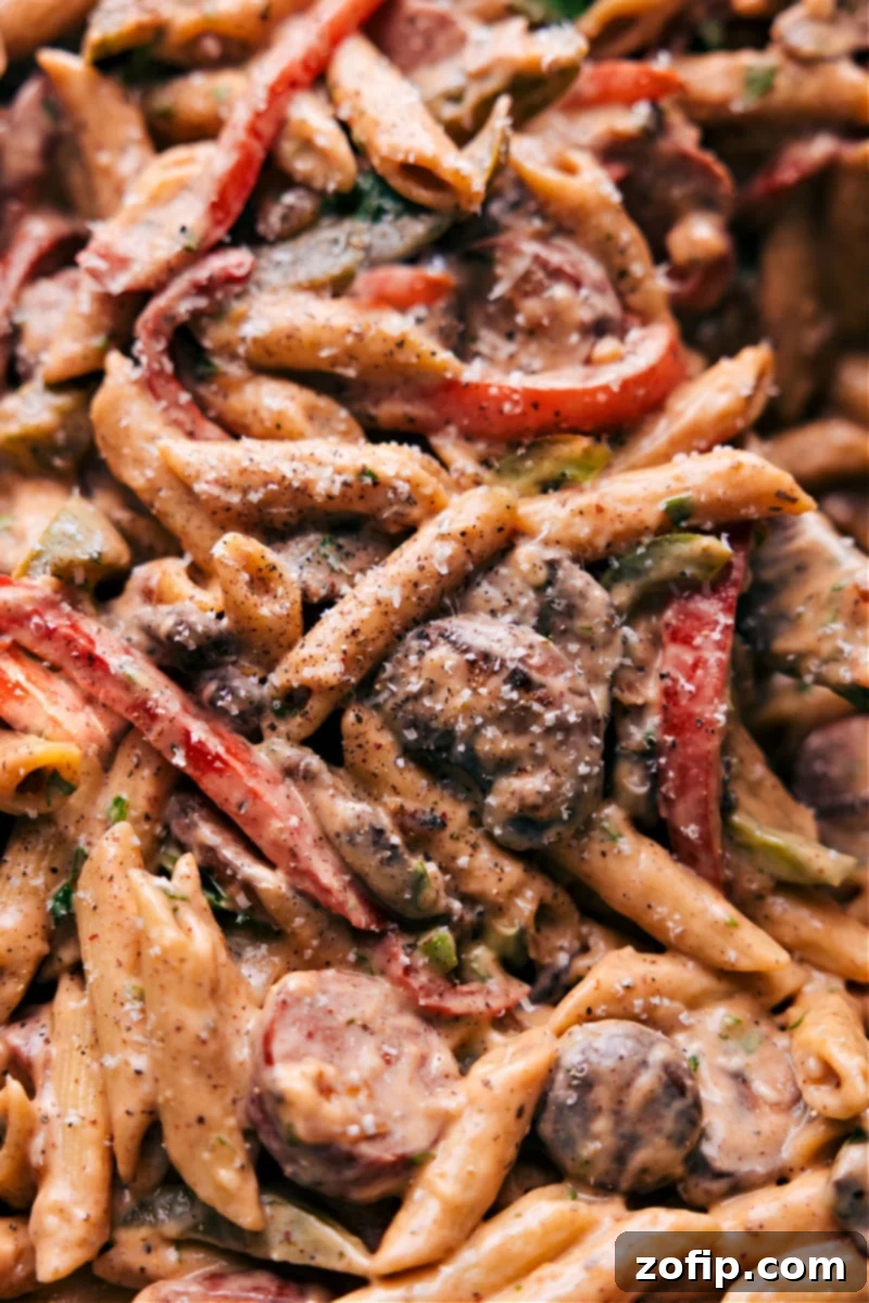 Creamy Cajun Sausage Pasta in a pot, ready to serve, garnished with fresh parsley.