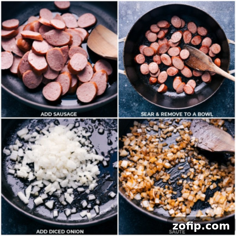 Sear the sausage until browned, then remove to a bowl. Next, saute the diced onion in the same pan.