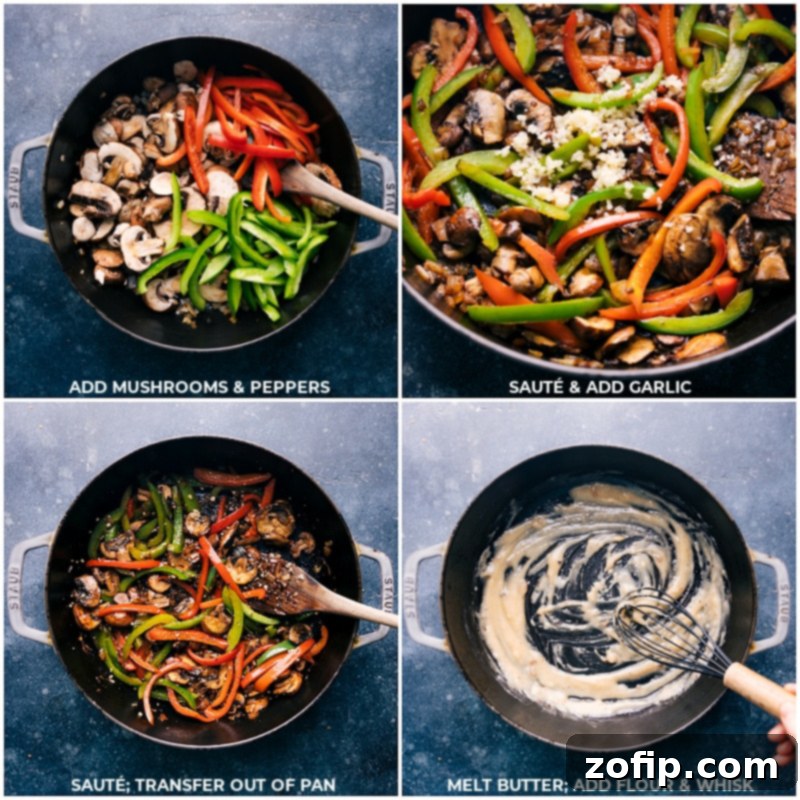 Cooking mushrooms, peppers, and garlic before starting the Cajun sausage pasta sauce with butter and flour in a large skillet.