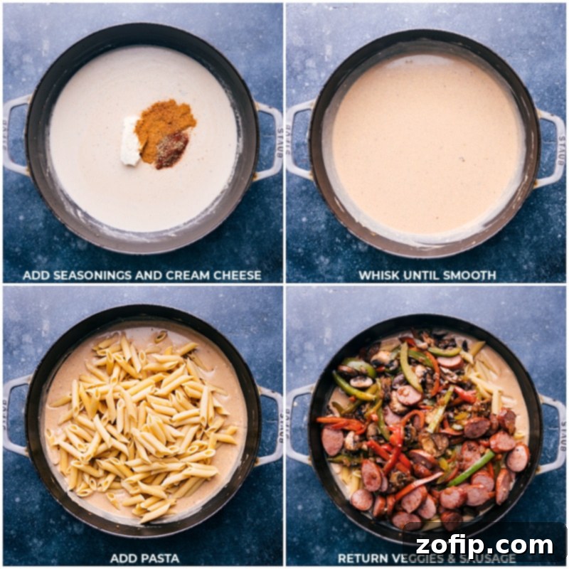 Season and add cream cheese to the sauce, whisk to smooth, then add cooked pasta and return veggies and sausage to the pan for this Cajun Sausage Pasta.