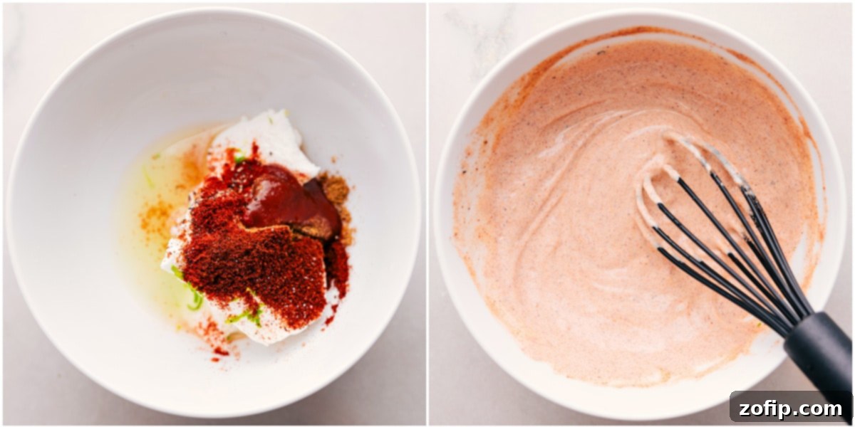 Preparing the creamy, zesty sauce for the Ground Beef Taco Bowl by whisking together mayonnaise, lime juice, and various spices in a bowl.