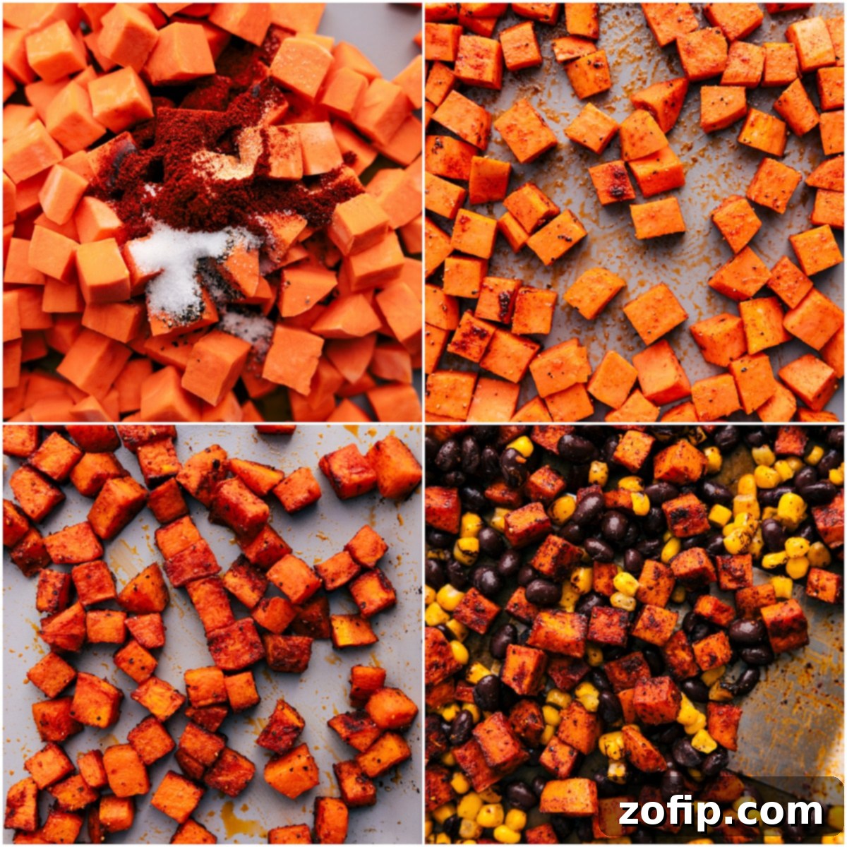 Cubed sweet potatoes are seasoned with olive oil, paprika, garlic powder, salt, and pepper, then spread on a sheet pan ready for oven roasting to perfection.