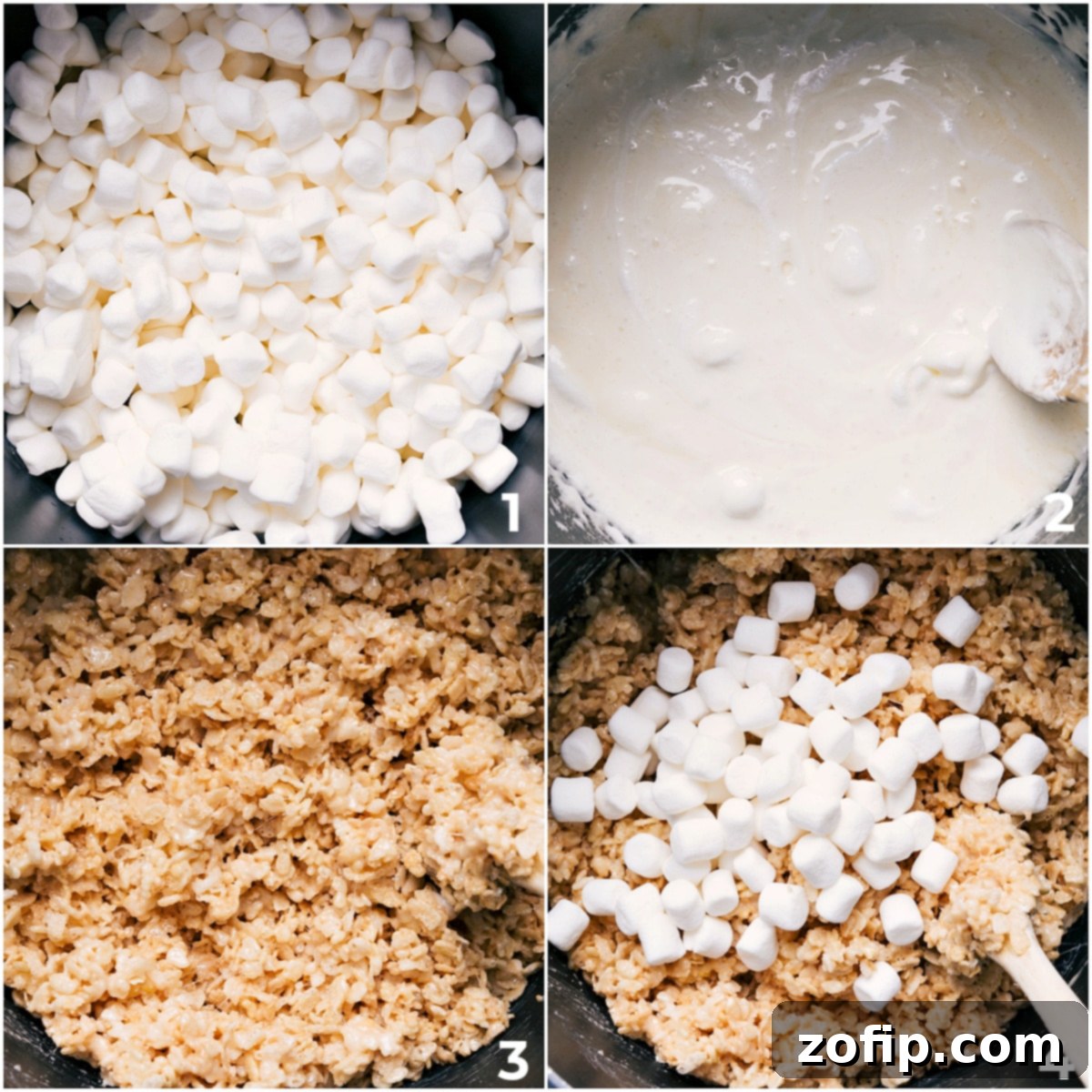 Process of melting marshmallows and mixing with crispy cereal, forming the foundation of soft and chewy Rice Krispies treat layers for the ice cream sandwiches.