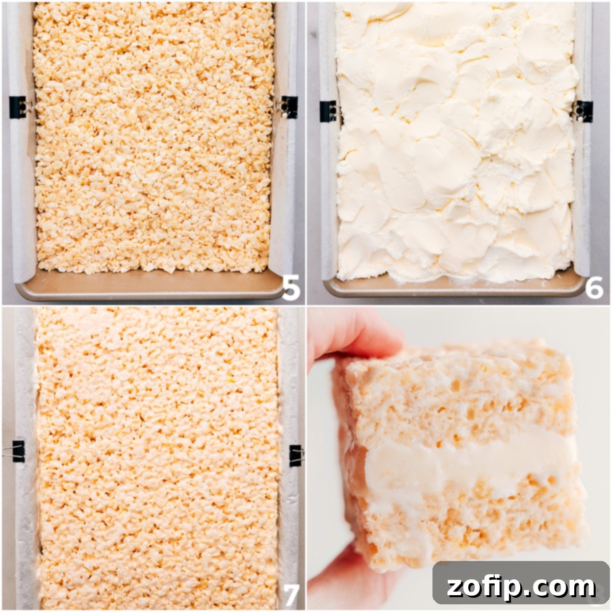 Layering process for the ice cream sandwiches: pressing the first Rice Krispies layer into a 9x13 pan, adding a smooth layer of ice cream, and topping with the second Krispies treat layer.