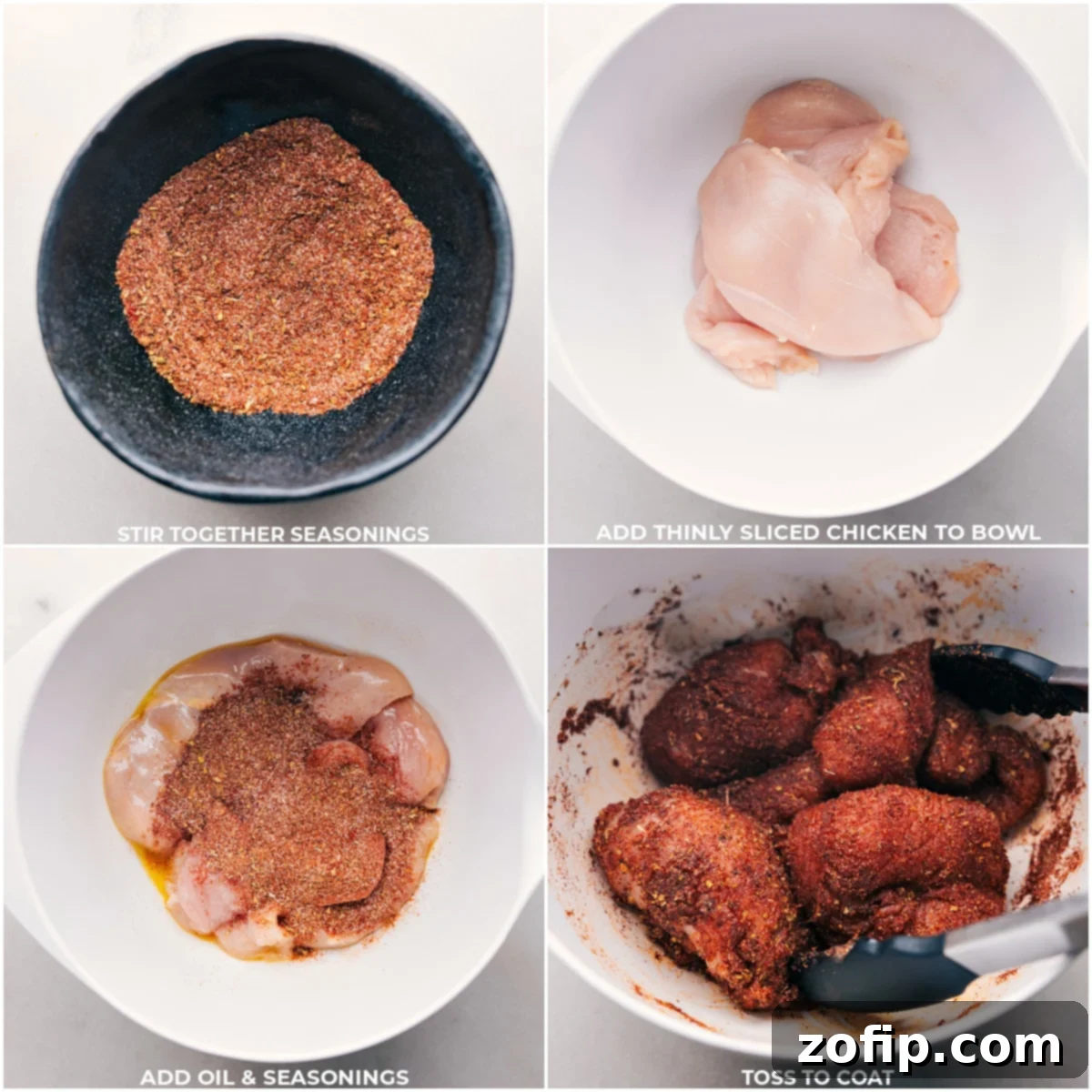 Seasonings being mixed together in a bowl and added to raw chicken pieces.