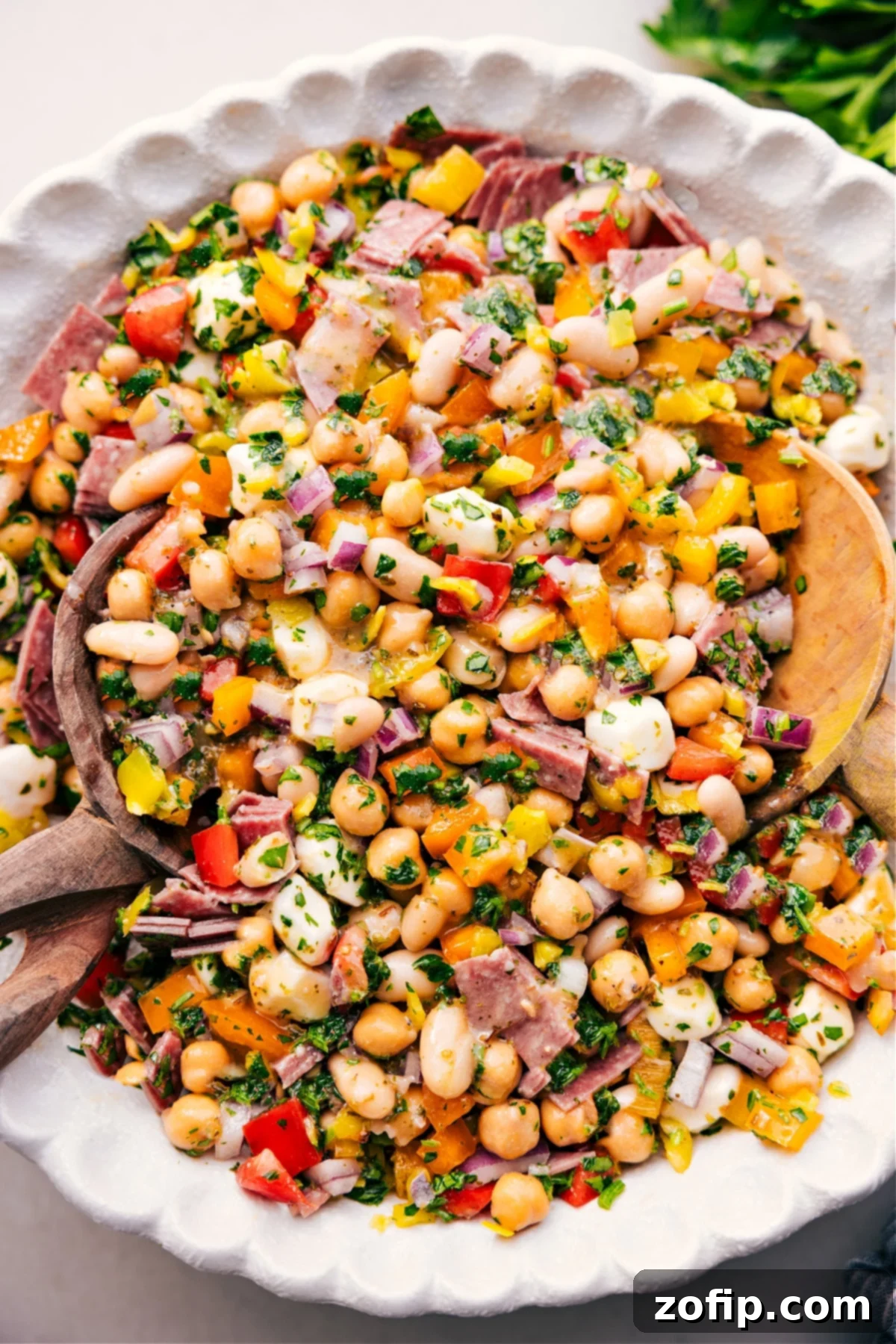 A vibrant Dense Bean Salad in a large serving bowl, perfectly dressed and garnished, ready to be enjoyed. Highlighted are chickpeas, cannellini beans, diced salami, mozzarella pearls, and colorful peppers.