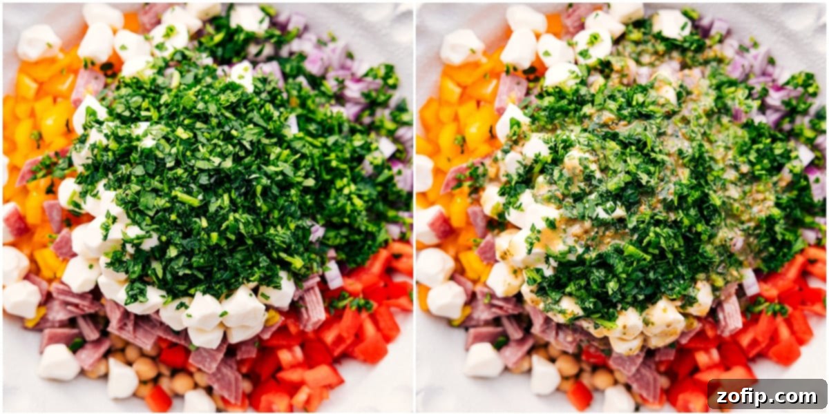 A large bowl filled with all the combined ingredients for the Dense Bean Salad, being gently tossed with the delicious dressing, illustrating the final preparation step.
