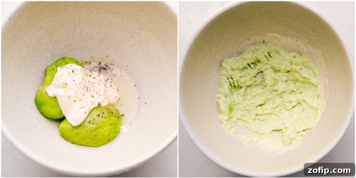 Ripe avocado, lemon juice, mayo, salt, and pepper are mashed together in a bowl, forming the creamy base for this avocado egg salad.