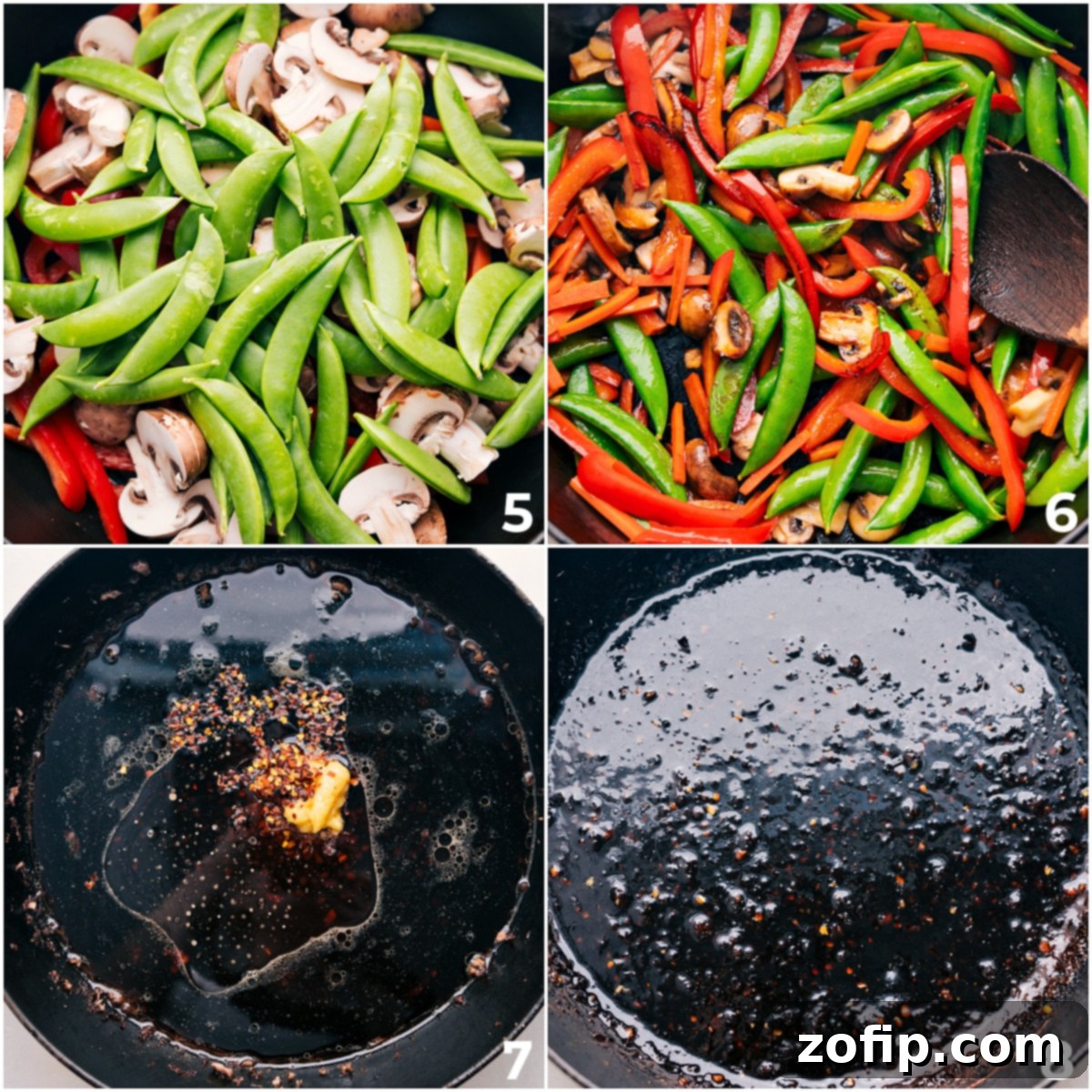 How To Make Garlic Beef And Veggie Ramen Fresh vegetables like mushrooms, snap peas, carrots, and red pepper sautéing in a hot wok for a ramen dish.
