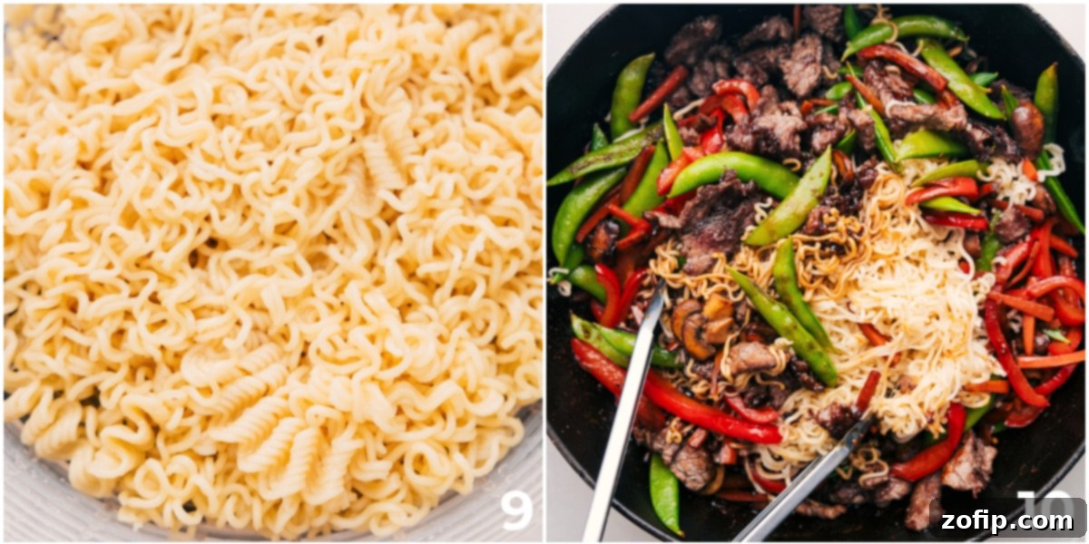 Tossing In The Ramen Noodles For The Garlic Beef And Veggie Ramen Ramen noodles being tossed with the savory sauce, cooked beef, and sautéed vegetables in a large skillet.