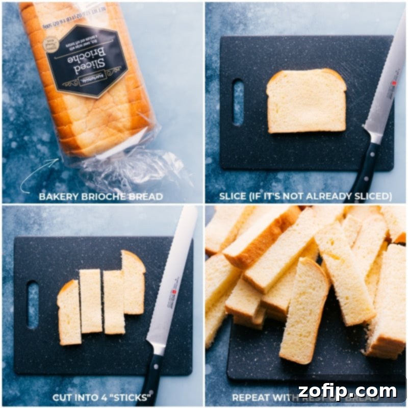 Process of making Cinnamon Toast Crunch French Toast Sticks, showing bread being dipped in the egg mixture.