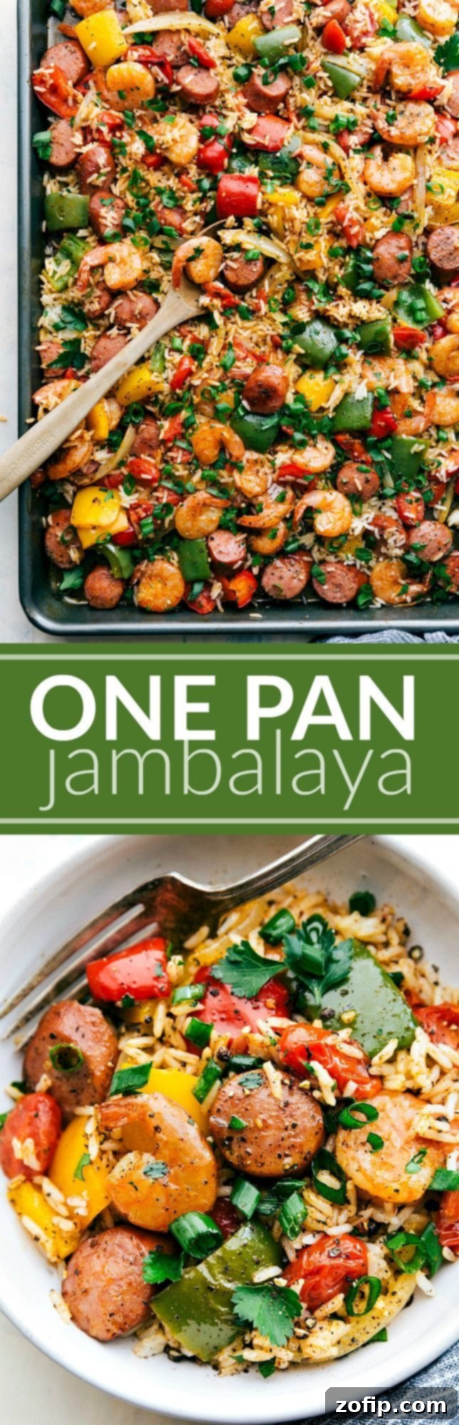 Single-Skillet Jambalaya 2 One-Pan Jambalaya with sausage, shrimp, seasoned vegetables, and rice cooked on a single sheet pan, perfect for an easy 30-minute dinner.