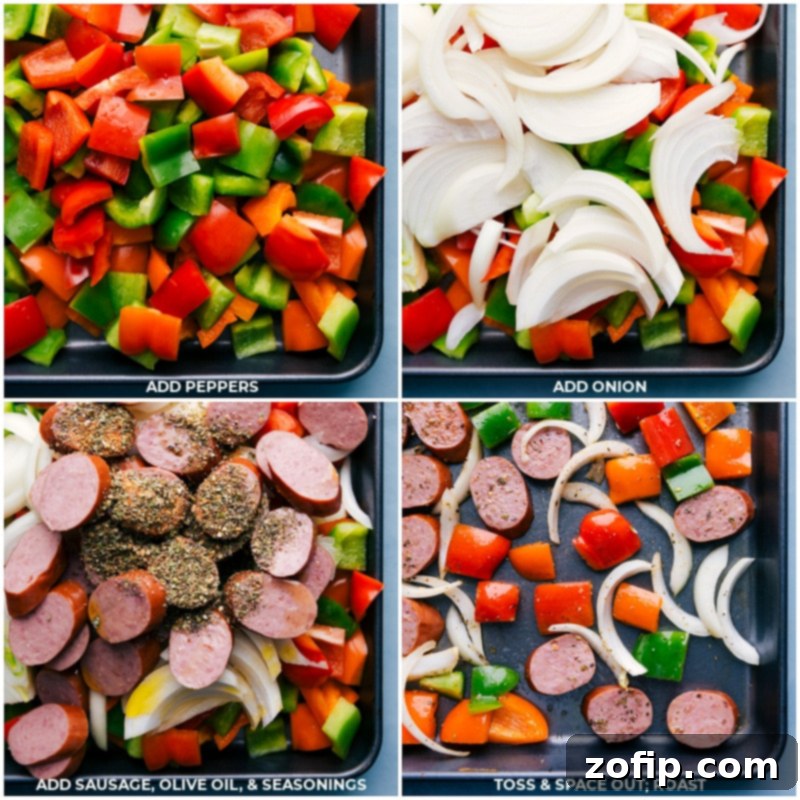 One-Pan Jambalaya is an easy 30-minute meal of oven-roasted & seasoned sausage, shrimp, veggies, and rice. Everything gets cooked together on one sheet pan! Recipe via ChelseasMessyApron #dinner #quick #easy #simple #best #veggies #shrimp #sausage #rice #onepan #jambalaya Process shots showing bell peppers, onions, and sliced sausage tossed with olive oil and Creole seasoning on a sheet pan, ready for roasting.