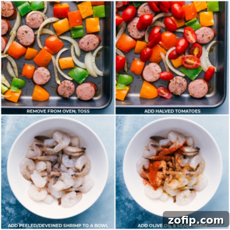 The best ever One-Pan Jambalaya is an easy, nutritious, 30-minute meal of oven-roasted & seasoned sausage, shrimp, veggies, and rice. Everything gets cooked together on one sheet pan! Recipe via ChelseasMessyApron #dinner #quick #easy #simple #best #veggies #shrimp #sausage #rice #onepan #jambalaya Process shots: Halved cherry tomatoes are added to the roasted vegetables and sausage on the pan, while raw shrimp is tossed with olive oil, Creole seasoning, and paprika in a bowl.