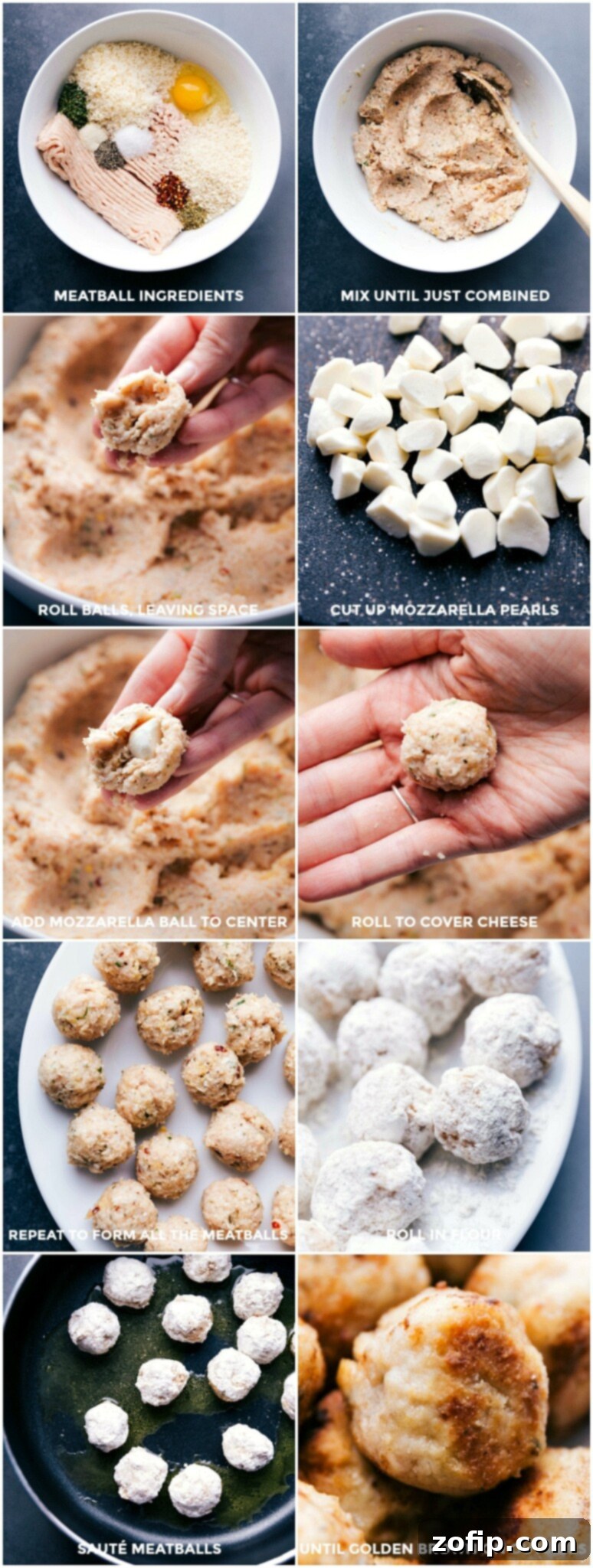Combining the meatball ingredients, stuffing with mozzarella cheese, forming balls, rolling in flour, and sautéing until golden brown.
