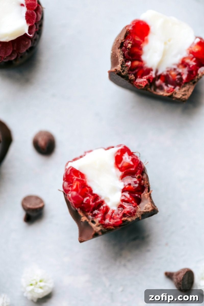 Overhead image of the cheesecake-stuffed raspberries, showing a perfect blend of chocolate and fruit