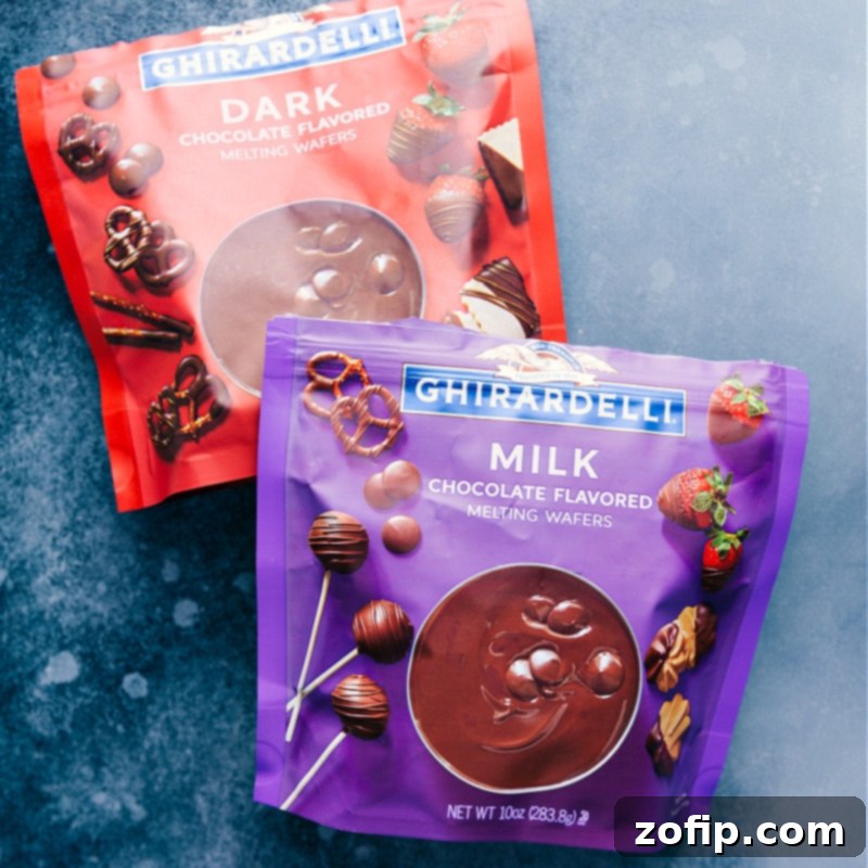Overhead image of high-quality chocolate melting wafers, ready for dipping, highlighting the key ingredient