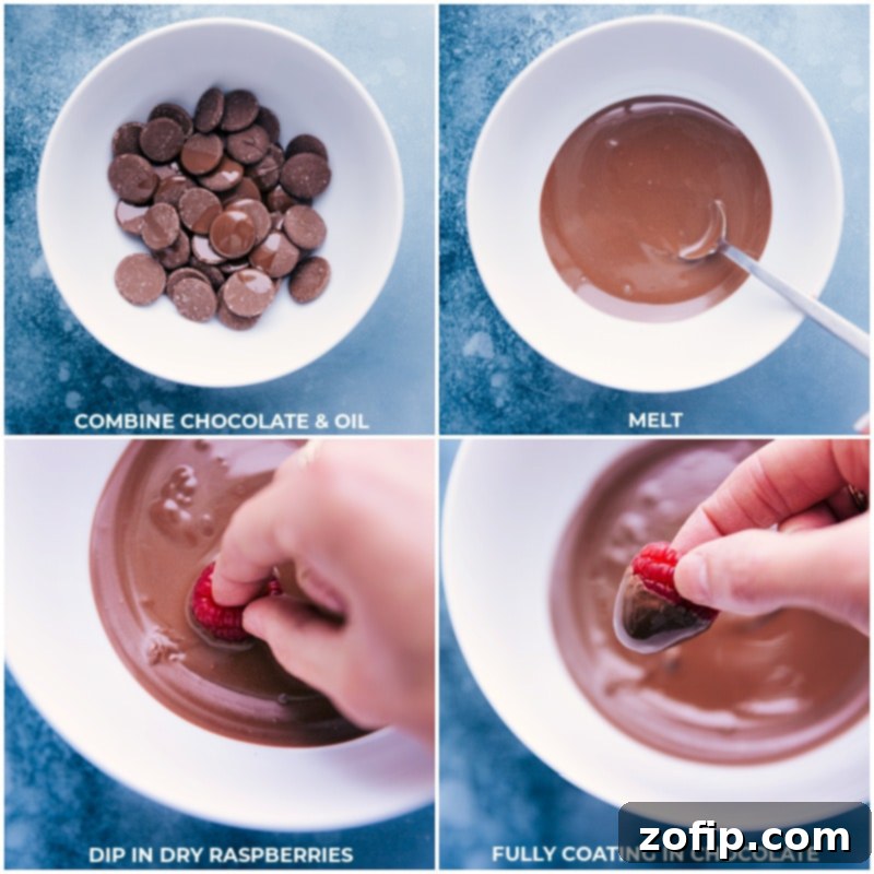 Process shots of the Chocolate-Covered Raspberries, showing chocolate being melted and raspberries being carefully dipped