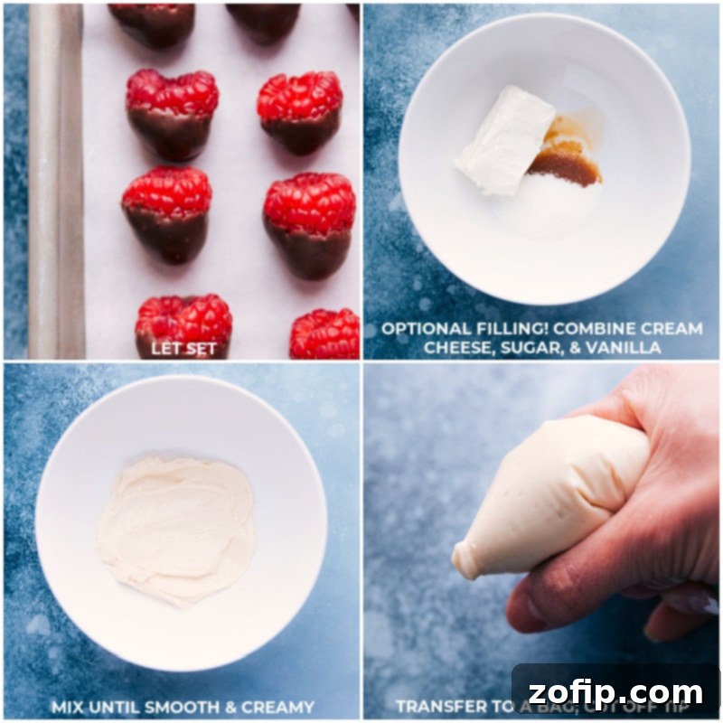 Process shots showing the creamy cheesecake filling being prepared and then carefully piped into the center of the raspberries