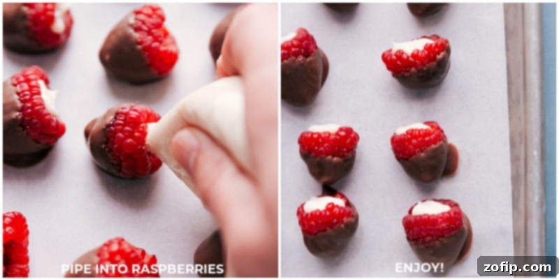 Process shots of Chocolate-Covered Raspberries being decorated, with cheesecake filling piped into the center of several berries