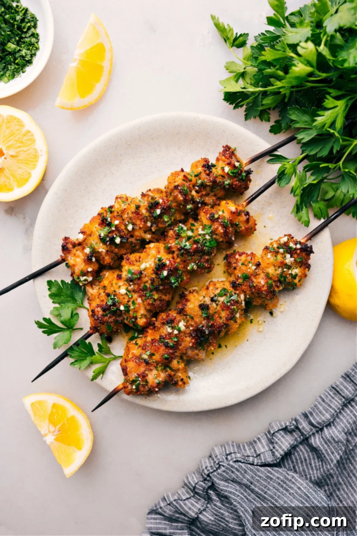 Crispy Chicken Spiedini skewers plated beautifully, ready to be served and enjoyed, with a side of lemon wedges.