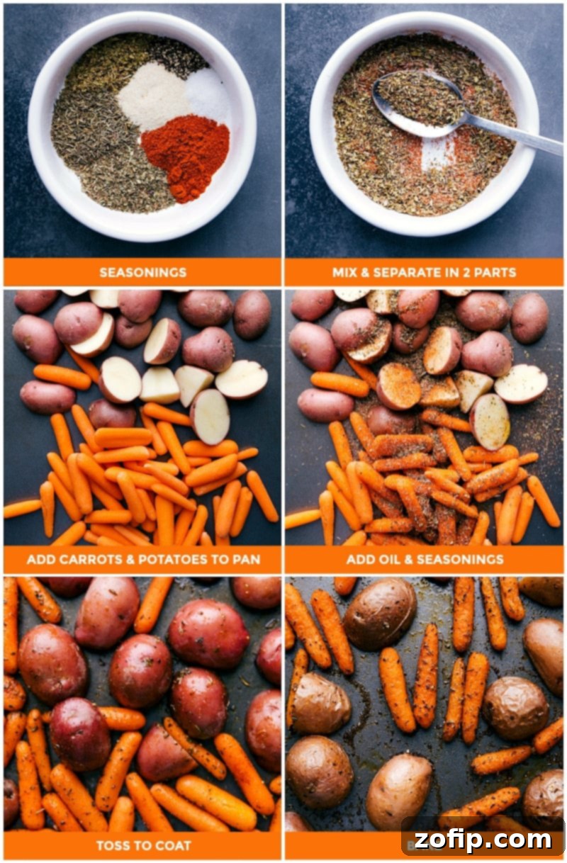 Combining the seasoning blend, adding vegetables, oil, and seasonings to the pan, tossing to coat, and then baking in the oven.