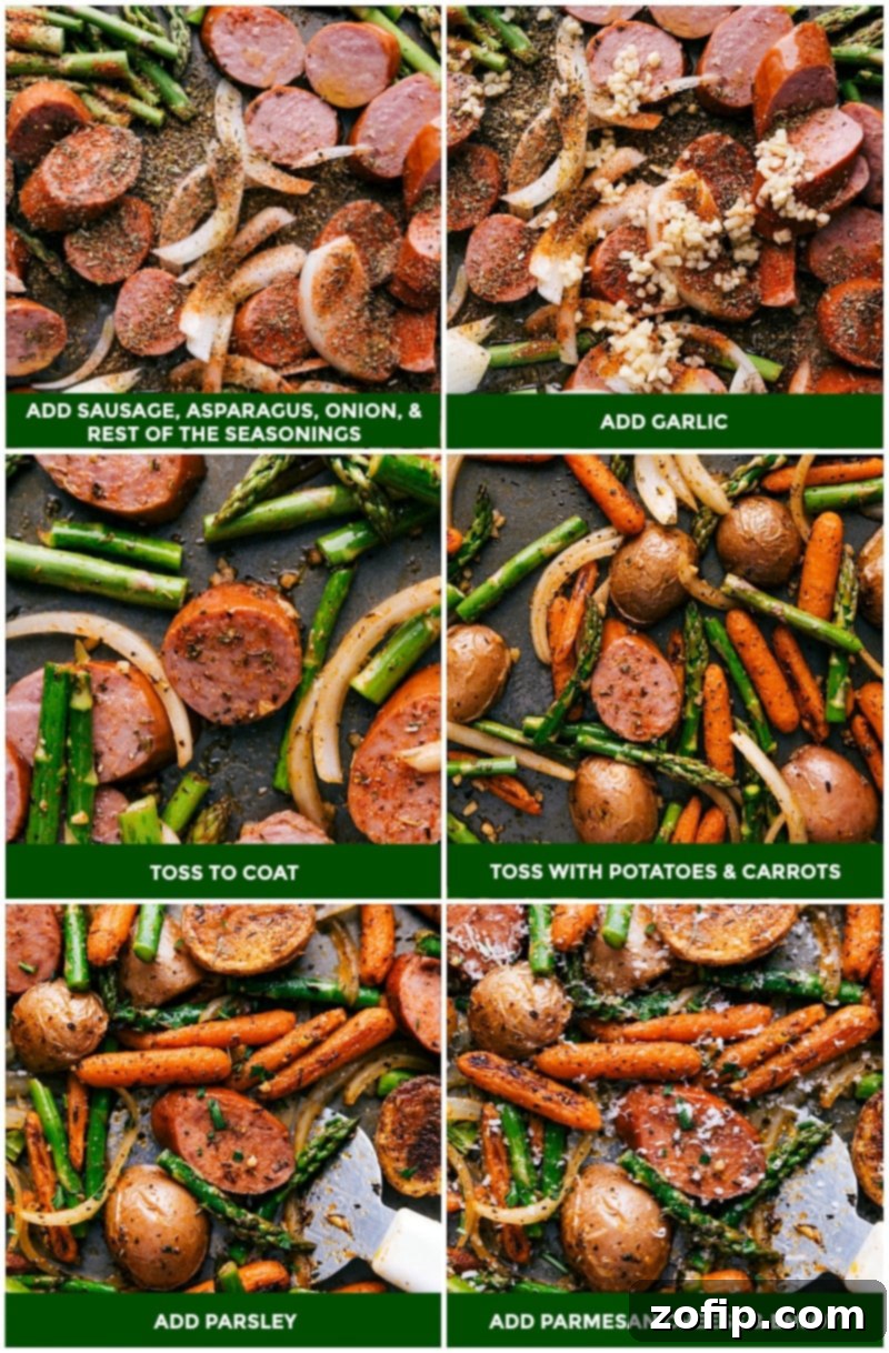 Sausage, asparagus, onion, and garlic added to the seasoned veggies already in the pan, tossed to coat and roasted until done, then garnished with parsley and parmesan cheese before serving.