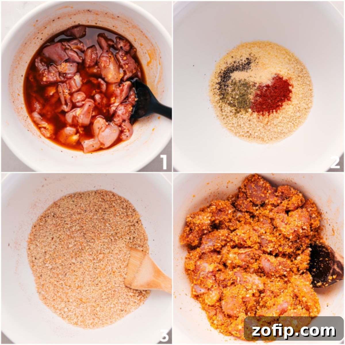 Marinated chicken cubes getting tossed in a crispy panko and Parmesan breading before being threaded onto skewers for Hot Honey Chicken.