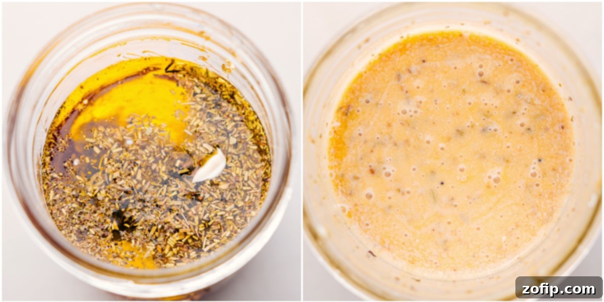 The salad dressing mixed together in a mason jar.