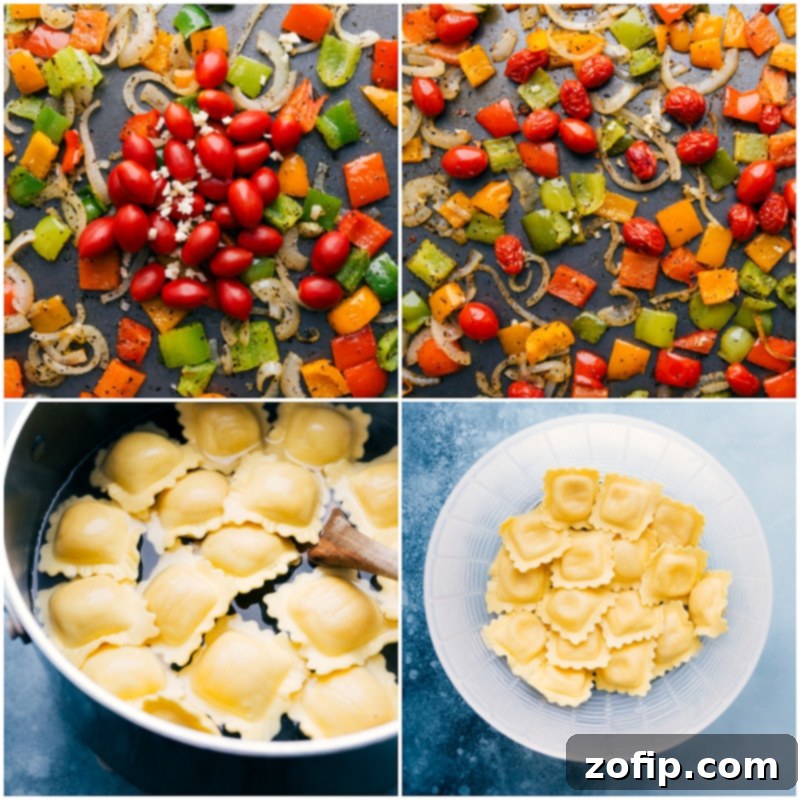 Process shots showing cherry tomatoes added to roasted vegetables, ravioli cooking in a pot, and cooked ravioli in a large bowl