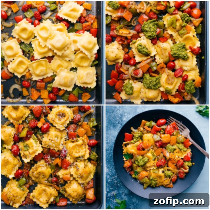 Process shots: Cooked ravioli being added to roasted vegetables, dollops of pesto being added, everything mixed together, and finally served in a bowl