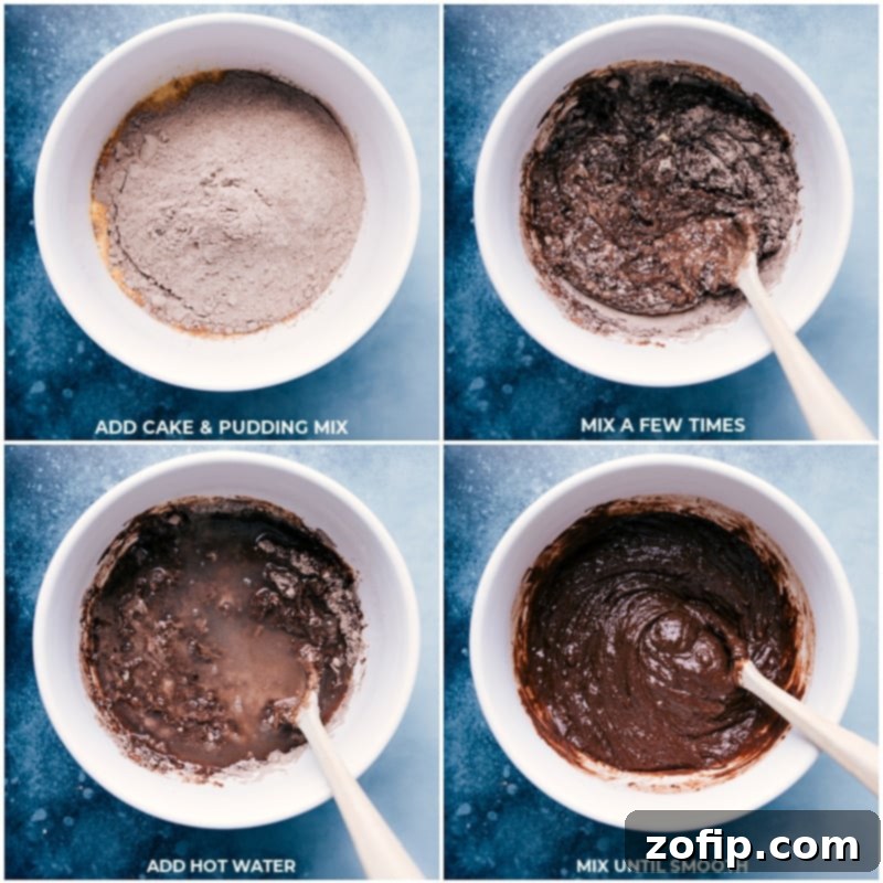 Dry ingredients from the cake mix and pudding mix being gently folded into the wet ingredients, followed by chocolate chips for a rich batter.