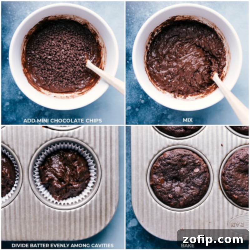 Chocolate cupcake batter being mixed with mini chocolate chips, then scooped into muffin liners, and finally, freshly baked cupcakes cooling on a wire rack.