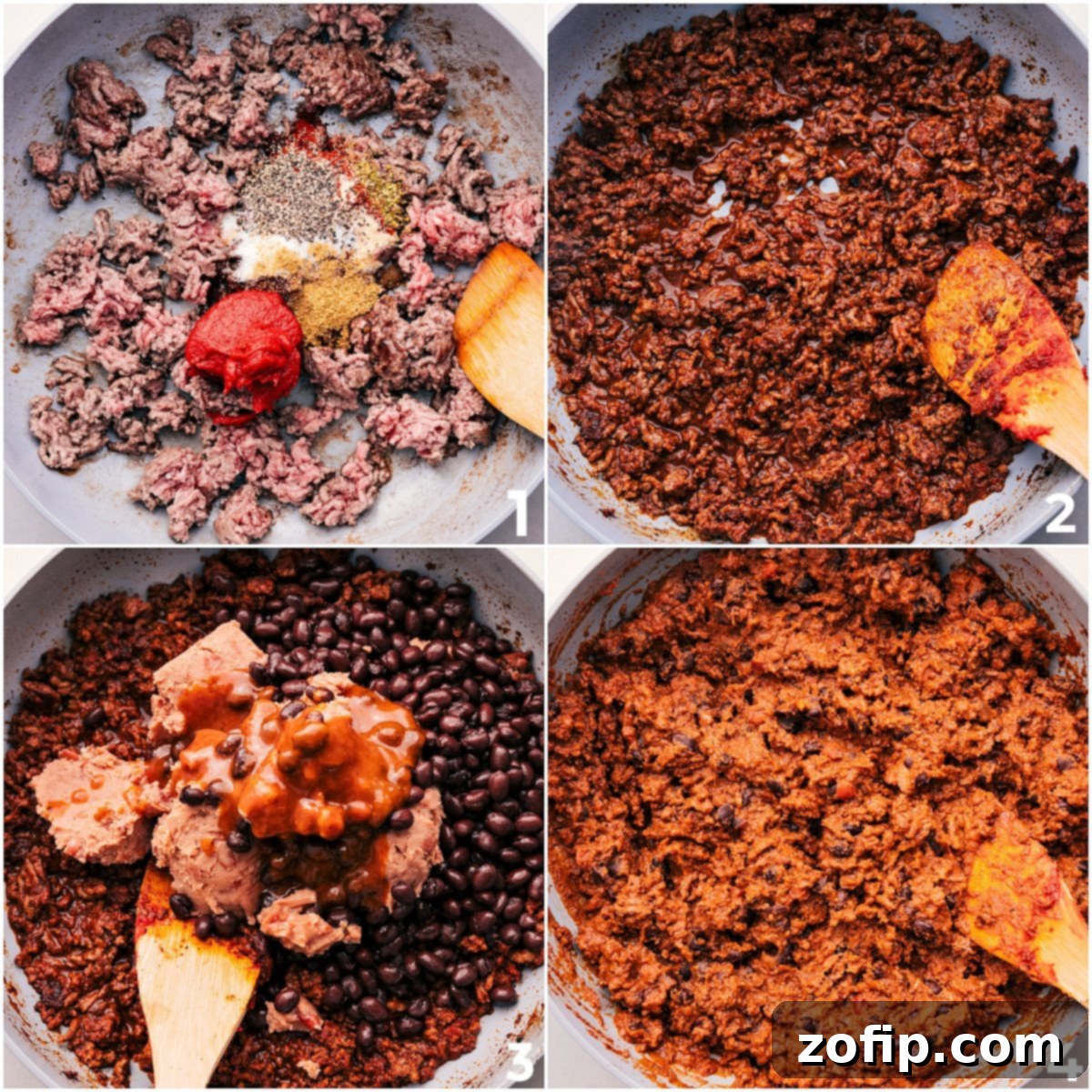 How To Prepare The Flavorful Ground Beef Enchiladas Filling Detailed image showcasing ground beef browning with taco seasonings and tomato paste, before being mixed with beans and a touch of enchilada sauce to create the rich filling for these easy Ground Beef Enchiladas.