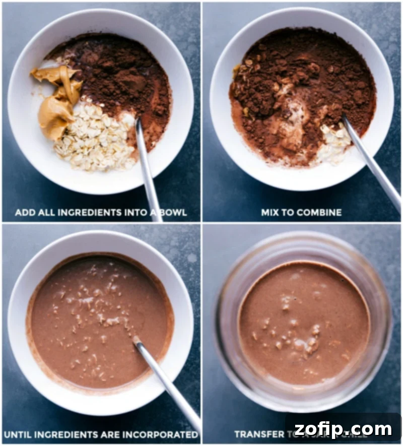 Preparing Chocolate Peanut Butter Overnight Oats: Mixing Ingredients and Transferring to Jar for Chilling Mixing all the ingredients for chocolate peanut butter overnight oats in a bowl, followed by transferring the mixture to a jar for chilling, showcasing the easy preparation process.