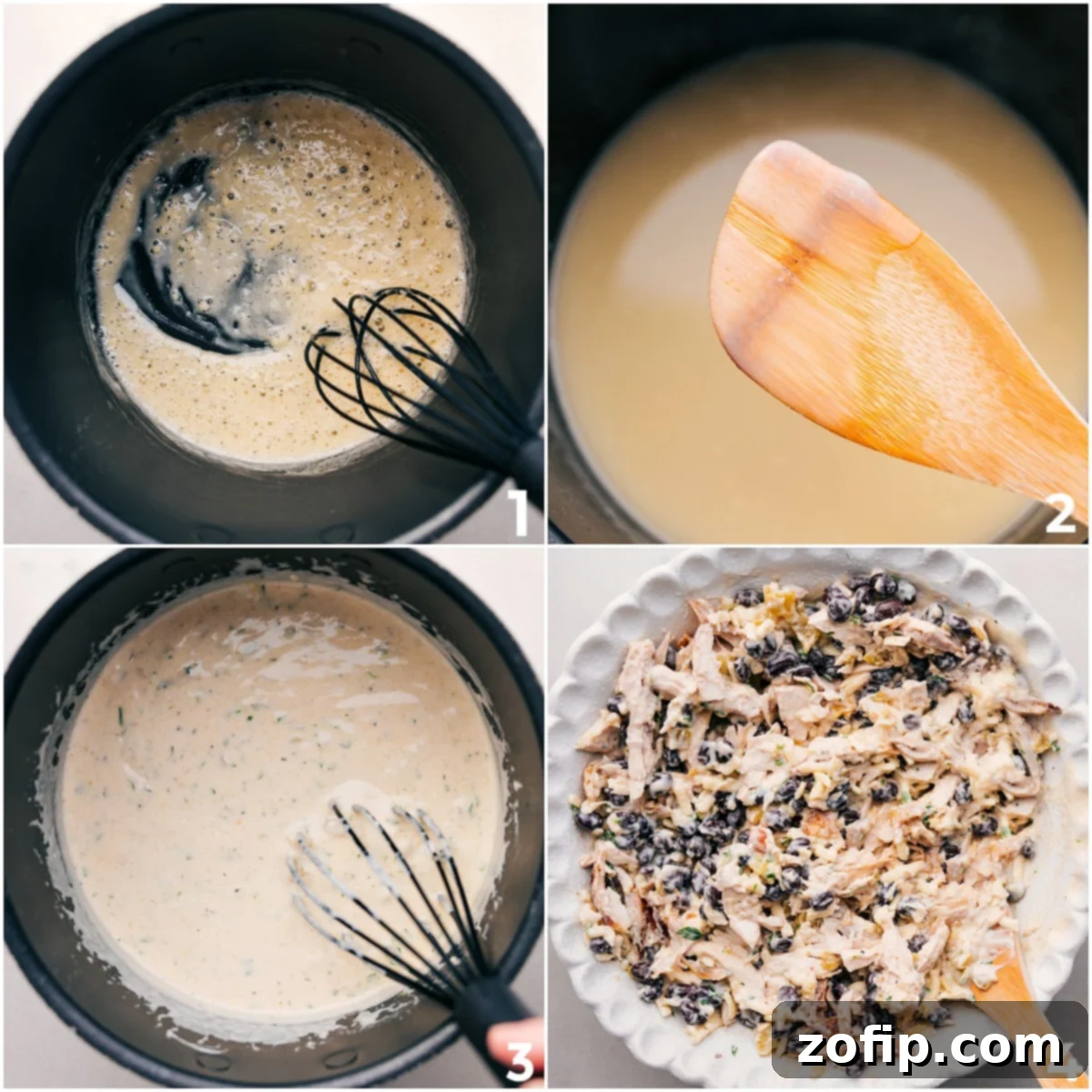 Preparing the Creamy White Chicken Enchilada Filling Close-up of the creamy white enchilada sauce being whisked, then poured over shredded chicken, black beans, and other ingredients to create the flavorful filling for the enchiladas.